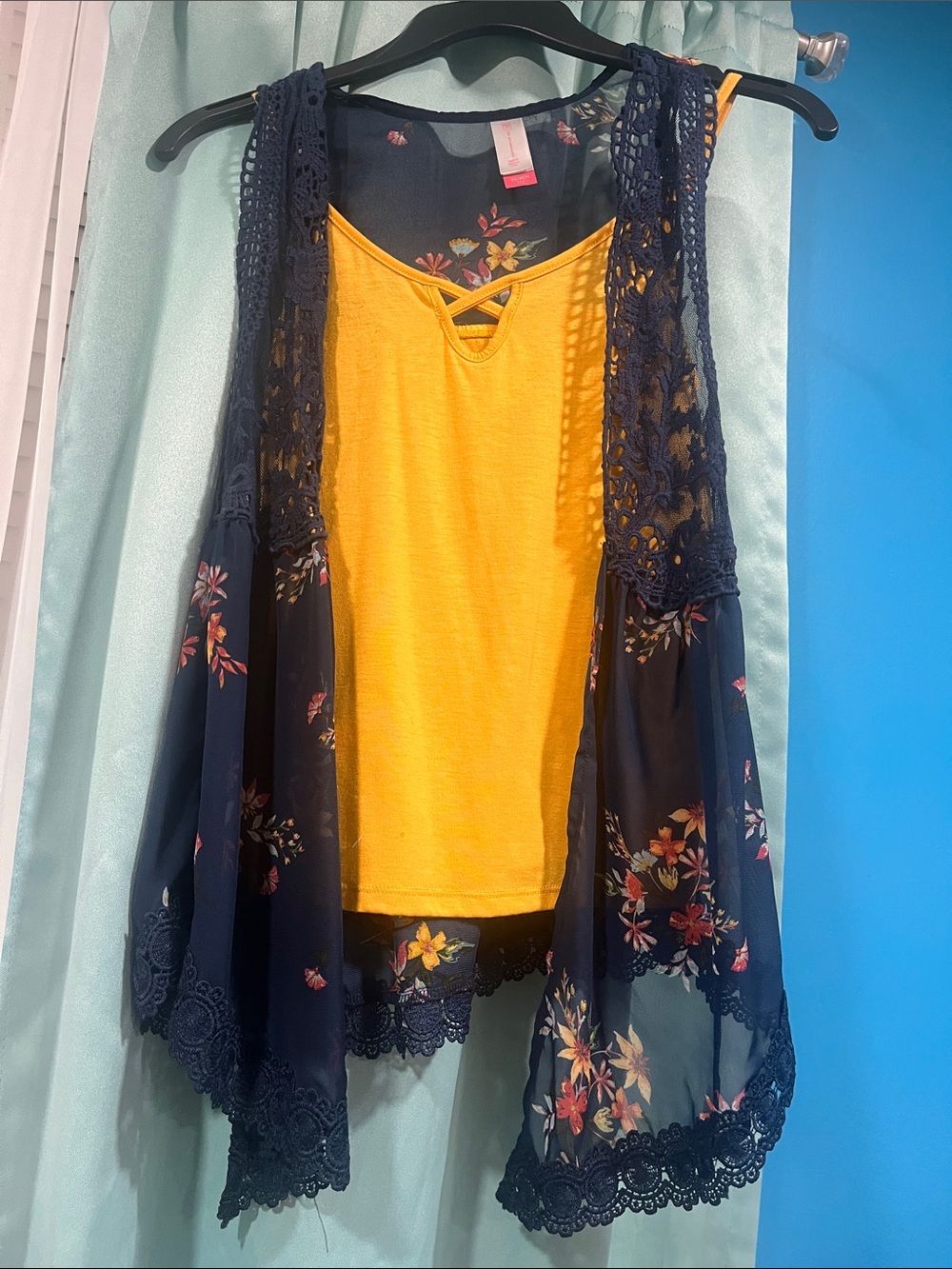 No Boundaries Yellow Crisscross Tank with Navy Floral Lace Vest